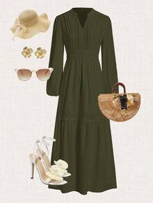 Ellevyn Women's Woven Jacquard Texture Spring Style Deep V-Neck Solid Color Ruffle Hem Lace Trim Summer Dress - Army Green - View 3