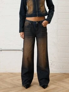 COUREZ Jeans de talle bajo con ajuste regular y delgado en lavado contrastante / Ropa casual de invierno Y2K para mujeres Ropa linda Pantalones de pierna ancha Jeans de talle bajo Pantalones marrones Conjunto casual