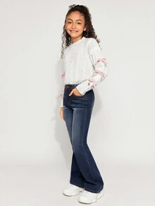 Radiana Tween 女童 Y2k 复古水洗修身弹力牛仔喇叭裤带斜口袋适合夏季服装 - 深色水洗藍 - 查看 5