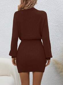 EMERY ROSE Women's Casual Loose Fit Solid Color Round Neck Drop Shoulder Long Sleeve Knitted Dress, Autumn - Coffee Brown - View 2
