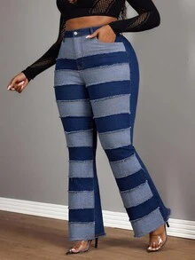 Slaydiva Winter Outfit Plus Size Women Cowgirl Style Blue Elastic Patchwork Straight Leg Jeans, Fall Outfit