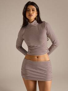 SHEIN BAE White And Brown Striped Turtleneck Backless Long Sleeve Top And Mini Skirt Set,Autumn Seksi Chic Night Out Stylish Suit For Old Money Style - Multicolor - View 3