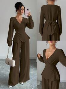 Elenzga 新款春秋奶油黄亚麻V领交叉长袖衬衫和高腰宽松阔腿裤两件套女装 - 棕色 - 查看 1