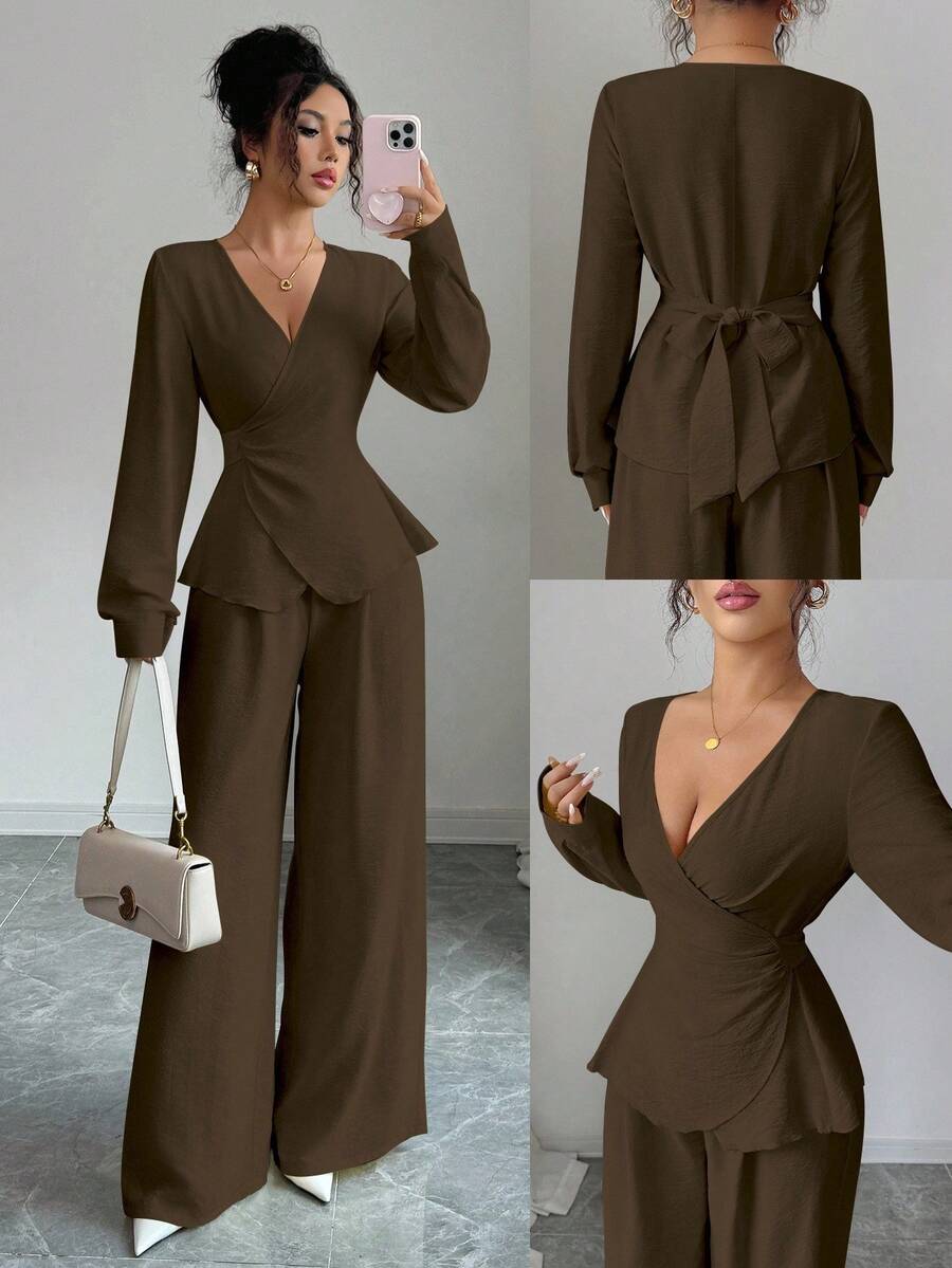 Elenzga 新款春秋奶油黄亚麻V领交叉长袖衬衫和高腰宽松阔腿裤两件套女装 - 棕色 - 查看 1