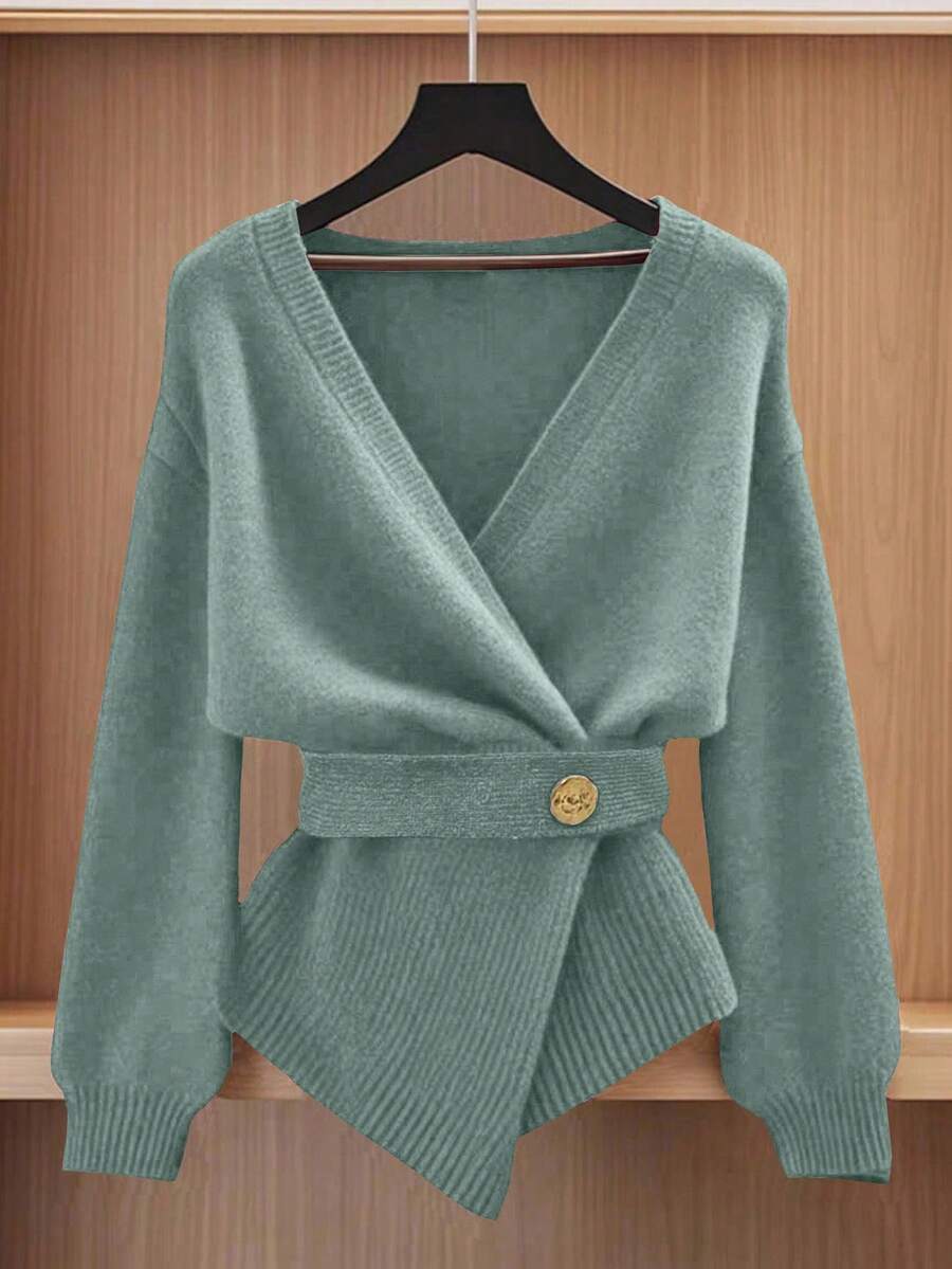 GlowEve Cardigan tricotat casual pentru femei, culoare solidă, cu umeri căzuți, mânecă lungă și curea, toamnă - Menta verde - Vizualizare 1