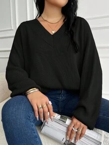 EURMUSE Women's Plus Size V-Neck Raglan Sleeve Sweater, Winter - Black - View 5