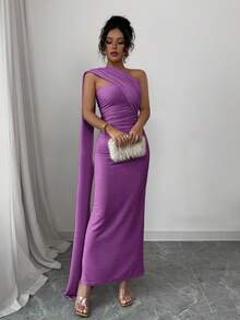 Elenzga 女士新款杏色优雅欧式高端宴会不对称裹肩性感褶皱腰修身长裙，后背高开叉闪亮针织弹力，舒适适合约会、派对、情人节 - 紫羅蘭色 - 查看 4
