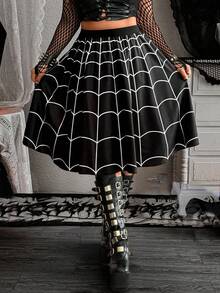 Whyspr Váy xòe cạp chun co giãn phong cách mạng nhện Gothic tối màu cổ điển mới, hóa trang Halloween - Đen và trắng - Xem 6