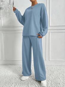 Chiquease Women's Solid Color Round Neck Drop Shoulder Long Sleeve Sweatshirt And Wide Leg Pants Casual Loose 2 Pieces Set, Autumn Two Piece Set Women Comfy Blue Sets For Women