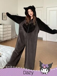 DAZY HELLO KITTY AND FRIENDS | SHEIN Flannelette Embroidery Cartoon Letter Pattern Contrast Raglan Sleeve Zip Up 3D Ears Hooded Romper Pajama - Black - View 9