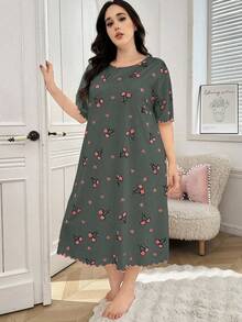 Plus Size Cherry Print Round Neck Short Sleeve Nightgown, Summer, Moo Moo Sleep Dress - Multicolor - View 3