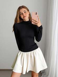 SHEIN Elegant Commuter Dress With Turtleneck Long Sleeve Black Top And Contrast Pleated Skirt, For Teen Girls Fall Winter - Black - View 5