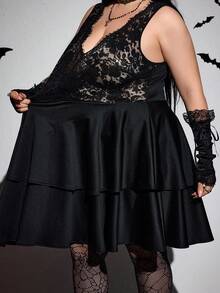 SHEIN CURVE+ Váy dự tiệc ngắn xòe ren ôm sát cổ chữ V cỡ lớn cho nữ, phong cách Gothic, phù hợp cho lễ Halloween Váy phù thủy Váy ren cỡ lớn Váy ma cà rồng/Mùa thu/Đông - màu đen - Xem 10