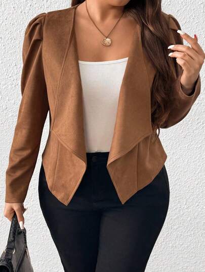 EMERY ROSE Chaqueta elegante de oficina informal de manga de chuleta de cordero de un solo color marrón para dama de talla grande, para primavera, otoño e invierno