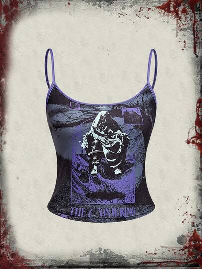 The Conjuring X ROMWE Conjuring Horror Movie Collab Sexy Contrast Color Camisole Top For Women