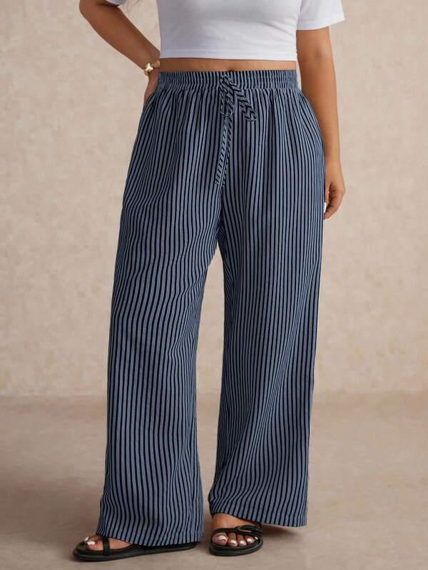 Elaquor Pantalones casuales a rayas negras y beige para mujer de talla grande, versátiles para ir al trabajo y uso diario, nuevo estilo 2025