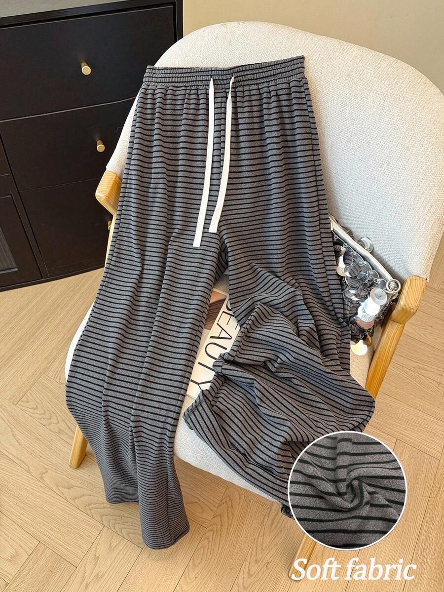 SHEIN Franclia 女士休闲条纹宽松保暖内衬裤，秋冬 - 灰色 - 查看 1