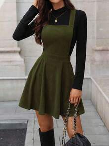 SHEIN LUNE Vestido casual de mujer de unicolor con tirantes de pana - Verde - Ver 3