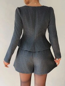 Siren Gaze Women's Elegant Gray Office Two Piece Set,Solid Color Commute & Casual Button Decor Blazer And Shorts Set,Tweed Summer Suit Shorts,Autumn & Winter - Grey - View 2