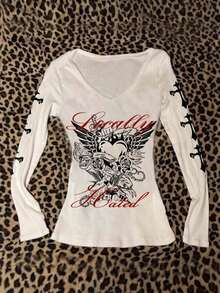 Attitoon Women's V-Neck Casual Minimalist Heart Wing Thorn Rose Letter Retro Punk Goth Print Fitted Long Sleeve T-Shirt, Versatile For Matching, Airport White Tee, Y2KIn Fall/Winter