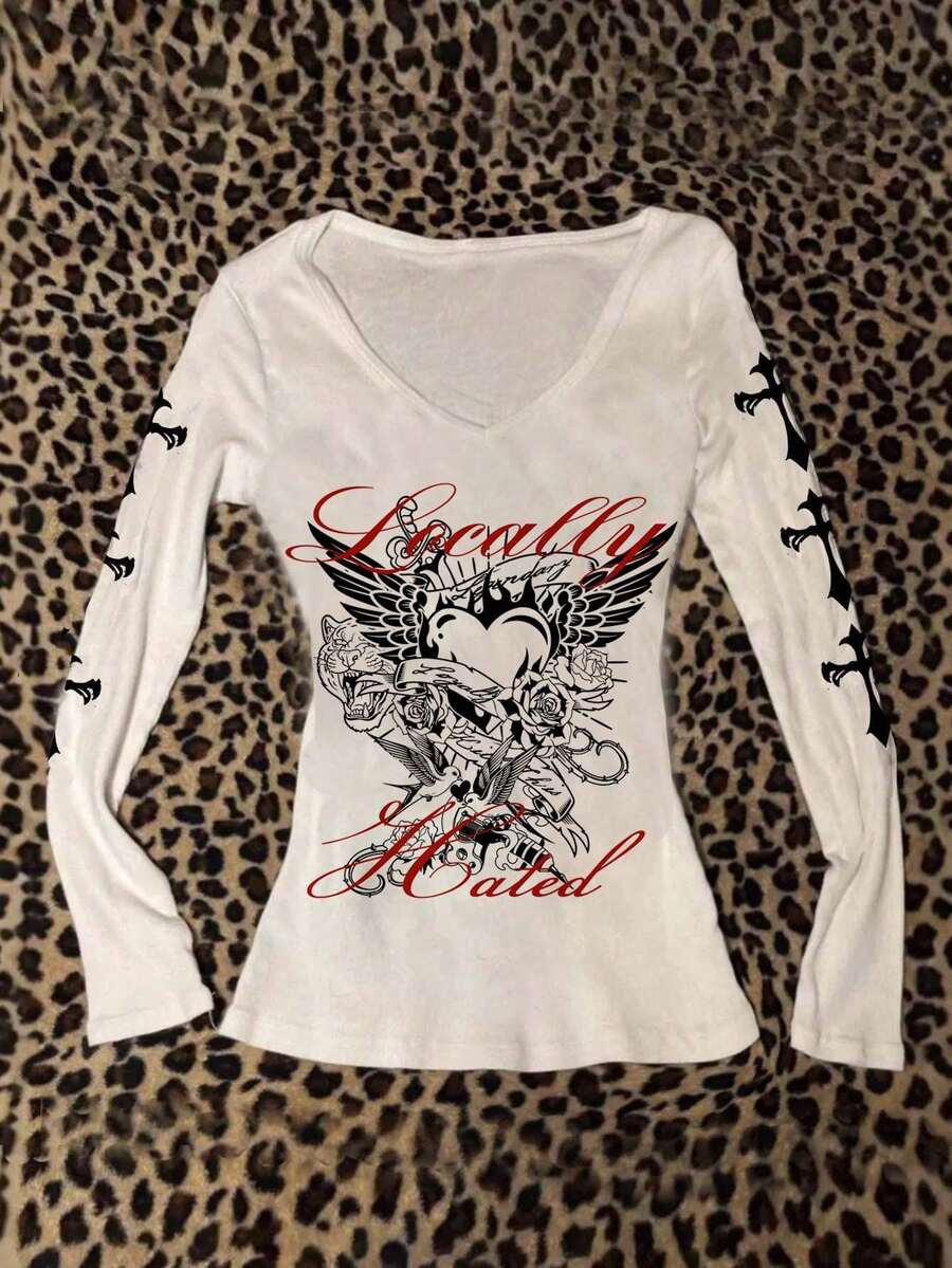 Attitoon Women's V-Neck Casual Minimalist Heart Wing Thorn Rose Letter Retro Punk Goth Print Fitted Long Sleeve T-Shirt, Versatile For Matching, Airport White Tee, Y2KIn Fall/Winter