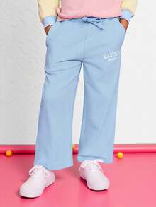 SHEIN 年轻女孩休闲舒适中腰侧袋裤 - 藍色 - 查看 1