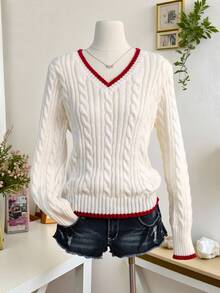 INAWLY Women's Contrast Color V-Neck Long Sleeve Twist Knit Casual Sweater, Autumn/Winter, Christmas - White - View 1