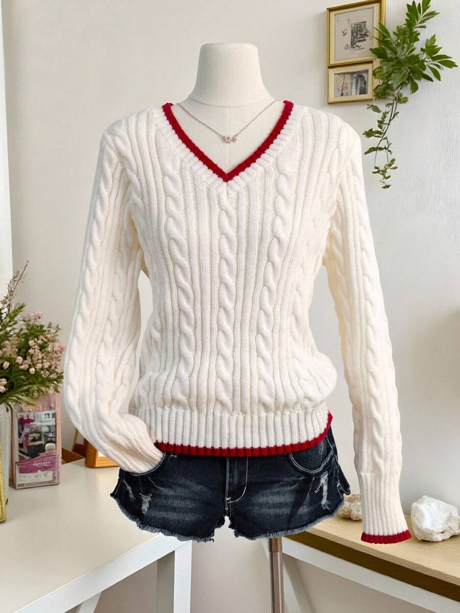 INAWLY Women's Contrast Color V-Neck Long Sleeve Twist Knit Casual Sweater, Autumn/Winter, Christmas - White - View 1