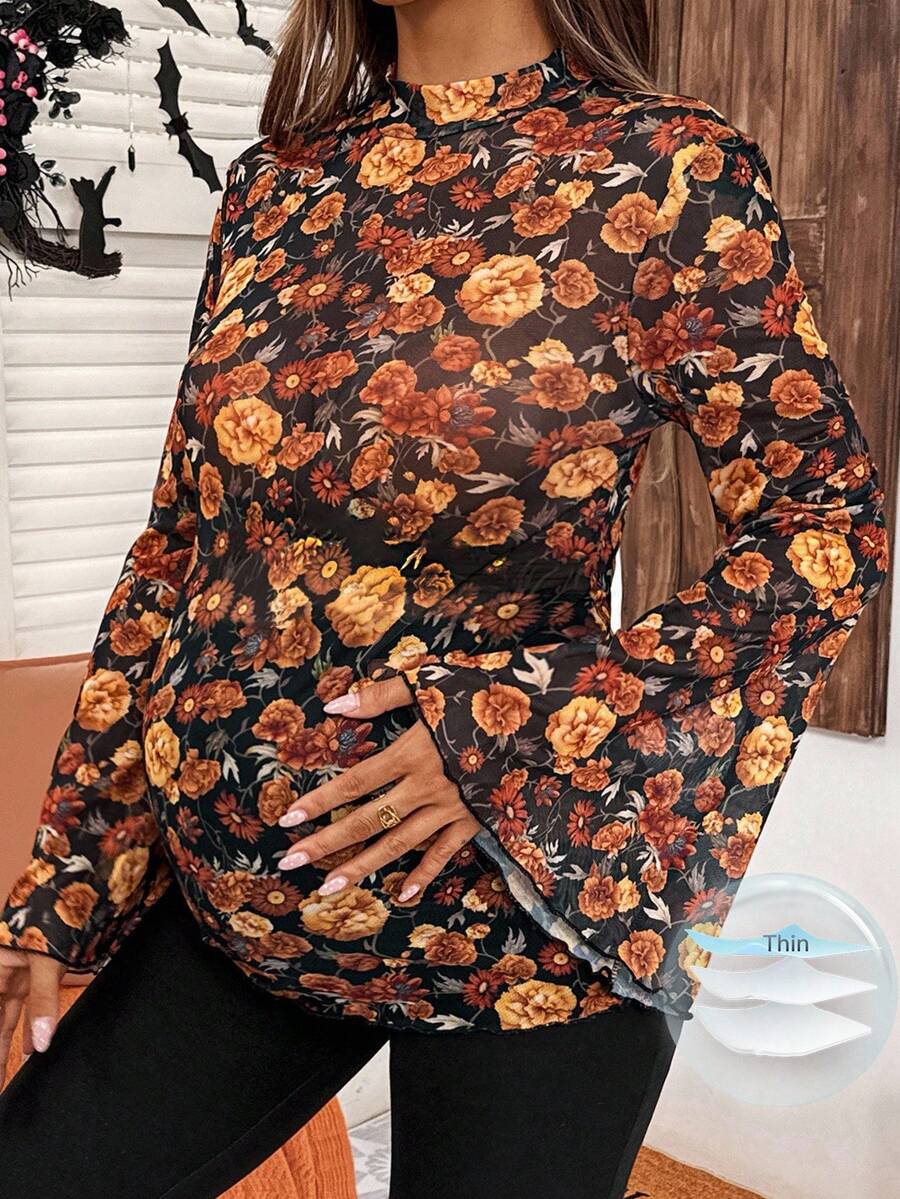 SHEIN Maternity Floral Pattern Elegant Trumpet Long Sleeve T-Shirt,Women's Boho Autumn Black Top,Babyshower Halloween Costume Bell Sleeve Fall Blouse - Orange - View 1