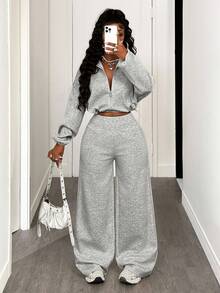 BamGleam Women's Solid Color Drop Shoulder Long Sleeve Zip Front Cropped Hoodie And Wide Leg Pants Casual 2 Pieces Set, Autumn/Winter