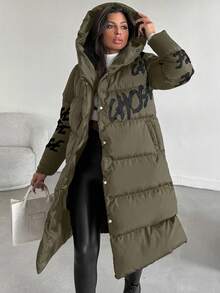EURMUSE Women's Letter Pattern Buttoned Hooded Padded Coat Jacket - Khaki - View 7
