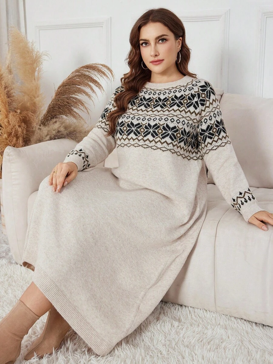 Modelyn 大码复古风格圆领长袖毛衣裙 - 杏色 - 查看 1