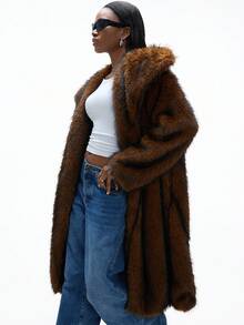 GENKIRA Luxury Oversized Lapel Brown Faux Fur Coat,Winter Elegant Evening Mid-Length Classy Style,Suitable For Commute,Party,Autumn/Winter High-End Outerwear - Multicolor - View 3