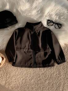 SHEIN Baby Boys Stand Collar Long Sleeve Solid Black Casual Zip-Up Thermal Lined Thick Jacket Baby Boy Jacket Toddler Black Jacket Baby Zip Up Jacket Baby Fleece Jacket Baby Winter Jacket Baby Boy Winter Outfit Baby Boy Fall Outfit - Black - View 5