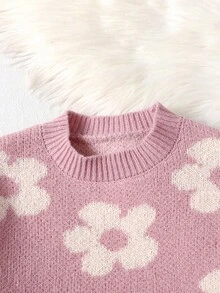 SHEIN 青少年女孩休闲粉色花卉提花宽松套头衫和喇叭裤套装，适合居家和户外，秋冬季