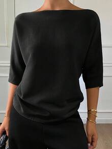 DAZY Women's Solid Color Fitted Boat Neck 3/4 Sleeve Casual Elegant Knit Top, Autumn/Winter - Black - View 6