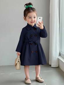 SHEIN Áo khoác blazer dáng dài vừa phải lót nhiệt màu trơn dễ thương cho bé gái, mùa thu/đông - Màu xanh hải quân - Xem 7