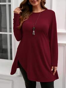 EMERY ROSE Áo thun dài cài nút viền bất đối xứng màu đỏ cỡ lớn, quần áo nữ mùa thu - Màu Đỏ Sâu - Xem 7