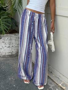 SHEIN EZwear Quần ống rộng kẻ sọc thường ngày cho nữ - Màu xanh lam - Xem 1