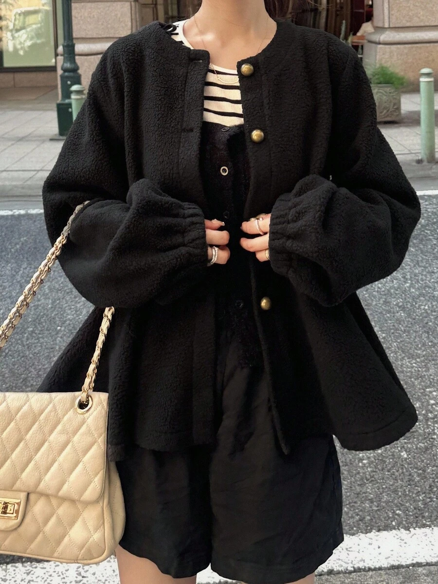 FRIFUL Women's Round Neck Metal Button Decor Ruffle Hem Patchwork Regular Jacket Women Coats - Black - View 1