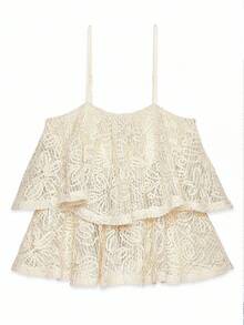 SHEIN Frenchy Women's Elegant Embroidered Lace Camisole,White Floral Double-Layered Ruffle Puffy Hem Top,Cream Summer Casual Vacation Top Suitable For All Seasons - Apricot - View 3
