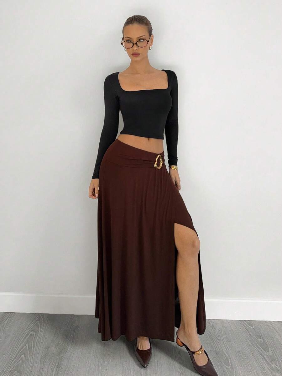Siren Gaze 女式纯色金属腰部设计侧开衩下摆时尚半身裙 - 咖啡棕 - 查看 1