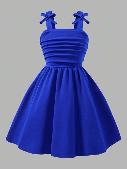 Elladie kids 年轻女孩优雅纯色 3D 蝴蝶结荷叶边吊带连衣裙，适合外出、聚会和活动，春夏季