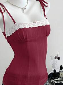 Elamini 春夏女士休闲格子系带腰带吊带背心 - 酒紅色 - 查看 6