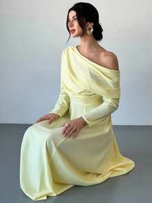 Firerie 女士优雅日常时尚新款浅黄色不对称露肩长袖超长连衣裙，A 字腰收腰奶油黄色长裙，适合毕业典礼、派对、下午茶、海滩、茶会、优雅、通勤、约会、婚礼季、毕业装、舞会、表演服、音乐会、工作服、年会 - 黃色 - 查看 4