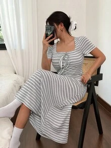 Dream Adore 女式休闲条纹针织褶饰方领长裙家居服夏装女式夏装条纹休闲裙女式条纹裙休闲裙 - 淺灰色 - 查看 4