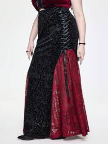 ROMWE EDITION Plus Size Gothic Elegant Velvet Embossed Damask Lace Patchwork Mermaid Skirt - Black - View 6