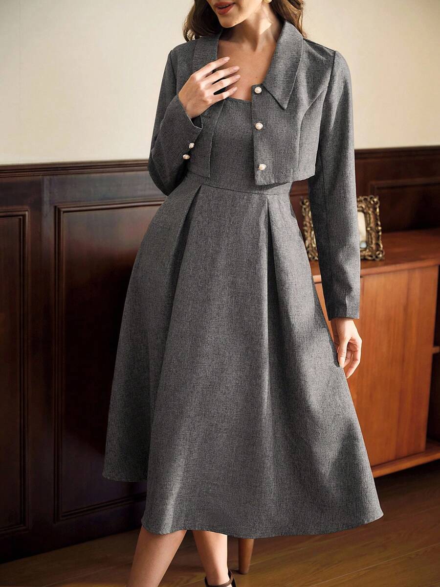 Vintamour 方领无袖吊带连衣裙 A字裙和长袖短夹克