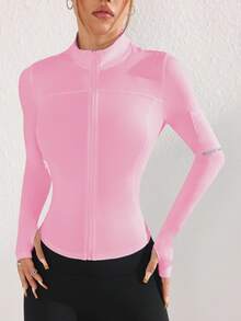 SHEIN Sovereign Charm Chaqueta deportiva ajustada de manga larga con cremallera y unicolor para mujer