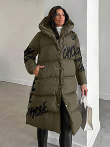 EURMUSE Women's Letter Pattern Buttoned Hooded Padded Coat Jacket - Khaki - View 6